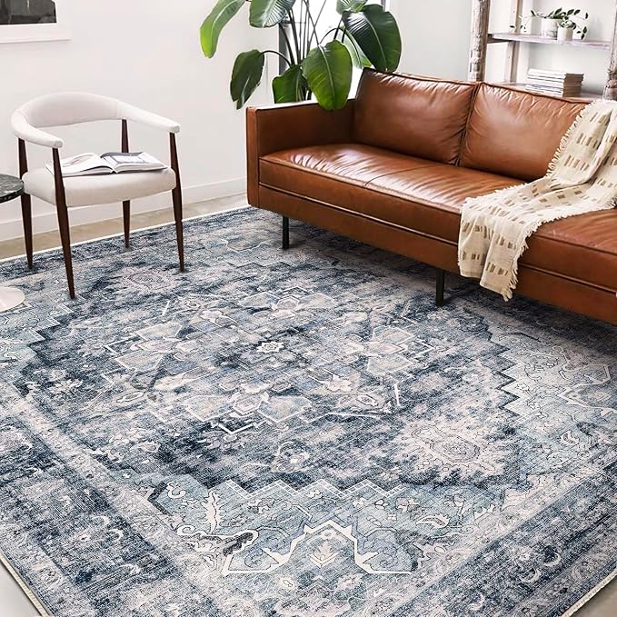 Area Rug 6'x9' Dark Blue Washable Vintage Traditional Floor Cover Thin Retro - Image 2