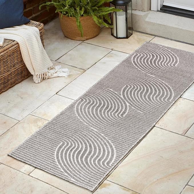 JONATHAN Y Hallie High-Low Curve Gray/Ivory Indoor/Outdoor Runner Rug, - Image 3