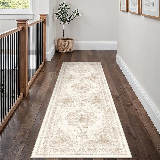 Runner Rug 2x7 Cream Hallway Washable Beige Carpet Non Slip Vintage Medallion - Image 5