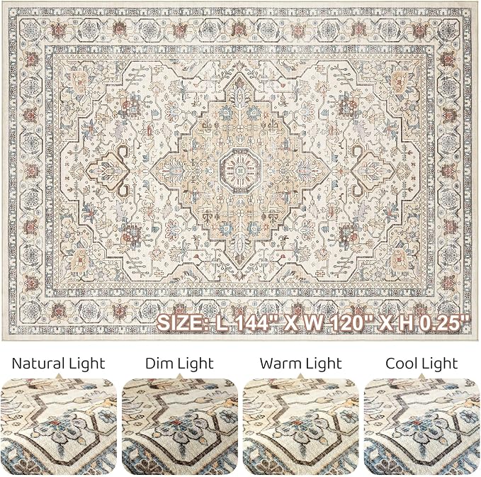10x12 Area Rug Living Room: Washable Boho Large Neutral Vintage Soft Rugs Stain - Image 9