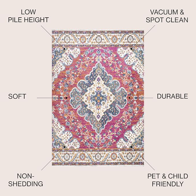 JONATHAN Y Boho Vintage Fuchsia/White Indoor Area Rug, Bohemian Flair Medallion - Image 3