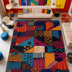Patchwork Rug - 5x7 Rug, Geometric Abstract Multicolor Area Rugs, Retro - Image 2