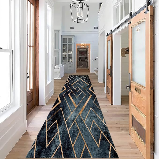 Navy Blue Gold Geometric Rug Runners - Image 2