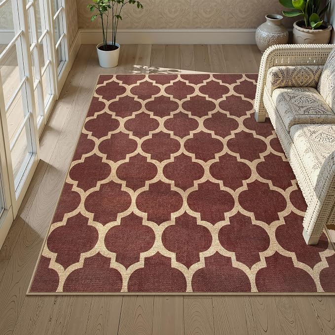 Lahome Moroccan Outdoor Rug 5x7, Easy Jute Red Washable Rugs by Lahome