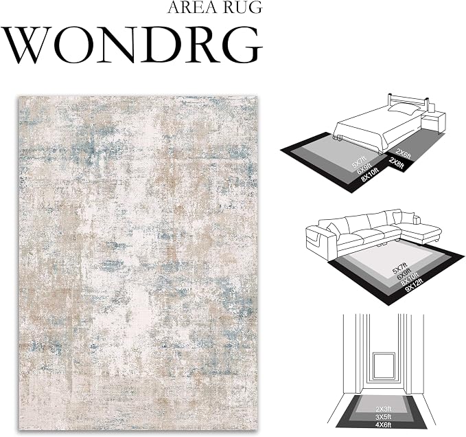9x12 Area Rug Beige Blue Abstract Living Room Bedroom Washable Carpet Neutral - Image 2