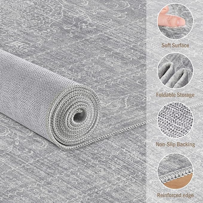 10x12 Area Rug Living Room: Washable Large Vintage Grey Rug Neutral Non-Slip - Image 3