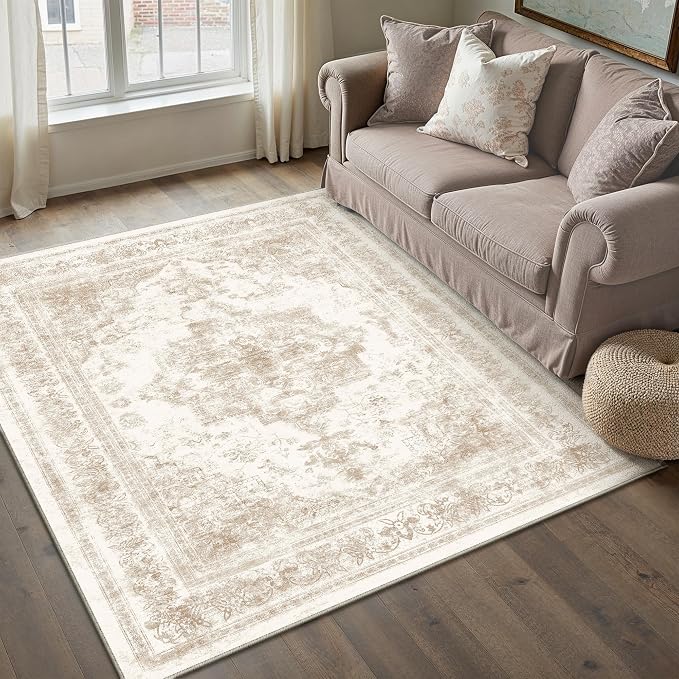 Area Rug 3x5 Cream Washable Office Entryway Vintage Medallion Beige Carpet Non - Image 6