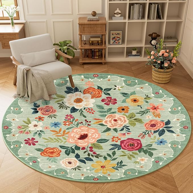 DUKINO Floral Round Rug, 6ft Washable Circle Rug, Non Slip Indoor Low Pile - Image 2