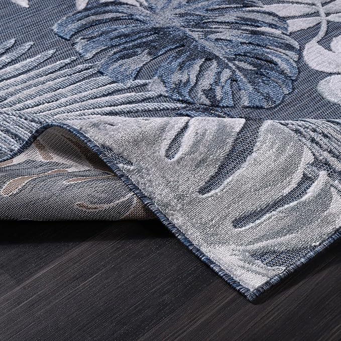 CAMILSON Indoor Outdoor Rug Navy Blue 5x7 Leaf Tropical Botanical Area Rugs - Image 5