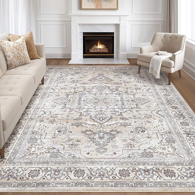 10x12 Area Rug Living Room: Washable Boho Large Neutral Vintage Soft Rugs Stain by LOONGRUG
