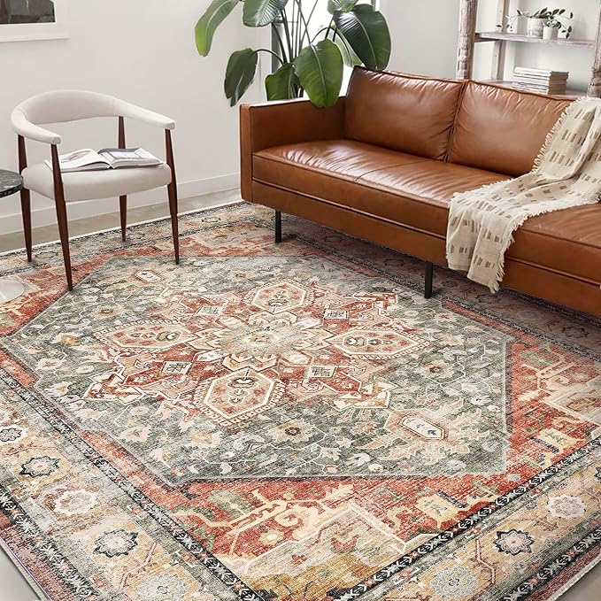 Area Rug 6'x9' Red Khaki Washable Vintage Traditional Floor Cover Thin Retro - Image 2