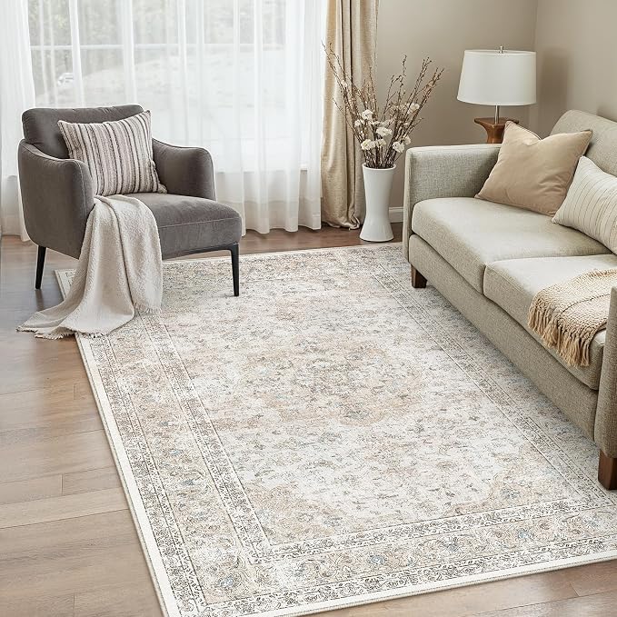 3x5 Washable Vintage Area Rug for Living Room Bedroom Beige Grey Soft - Image 3