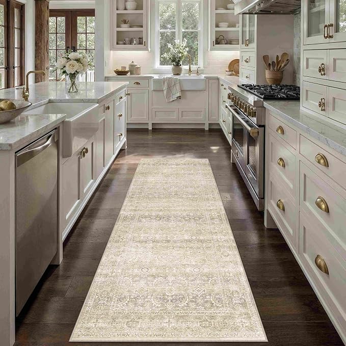 HUGEAR 2x6 Washable Area Rug Beige Runner Rug Vintage Neutral Non Slip Soft by HUGEAR