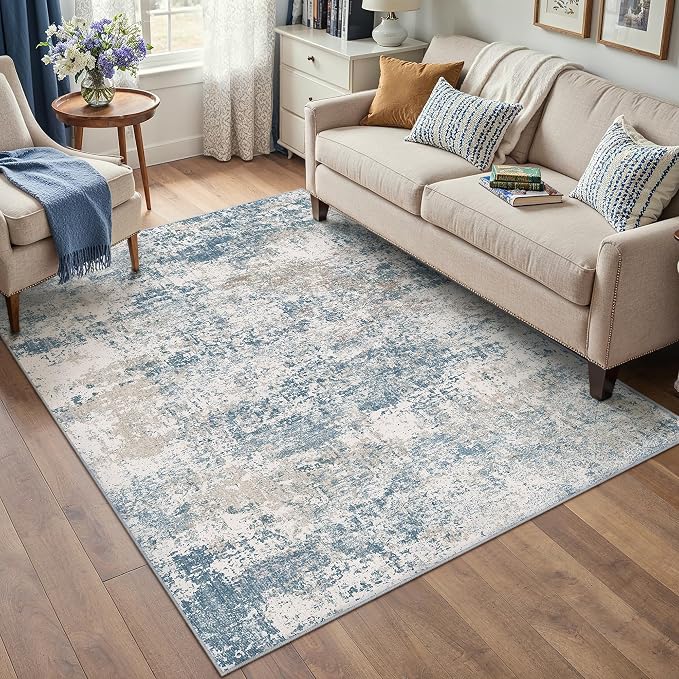 Blue 5x7 Area Rug Washable Modern Abstract Living Room Carpet Non Slip Neutral - Image 5