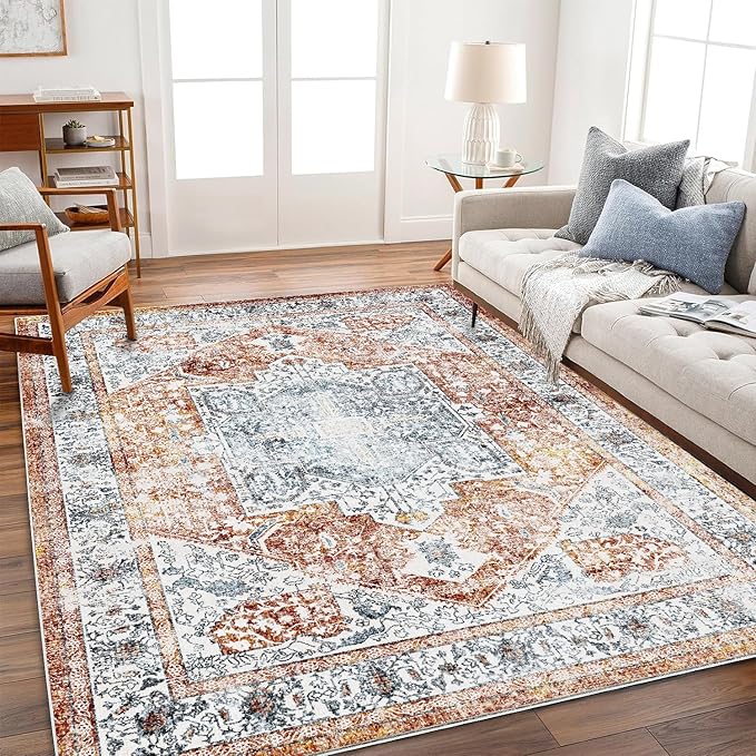 Area Rug 8x10 Washable Rug Tangerine Vintage Traditional Mat Distressed Indoor by CHAMPLANT