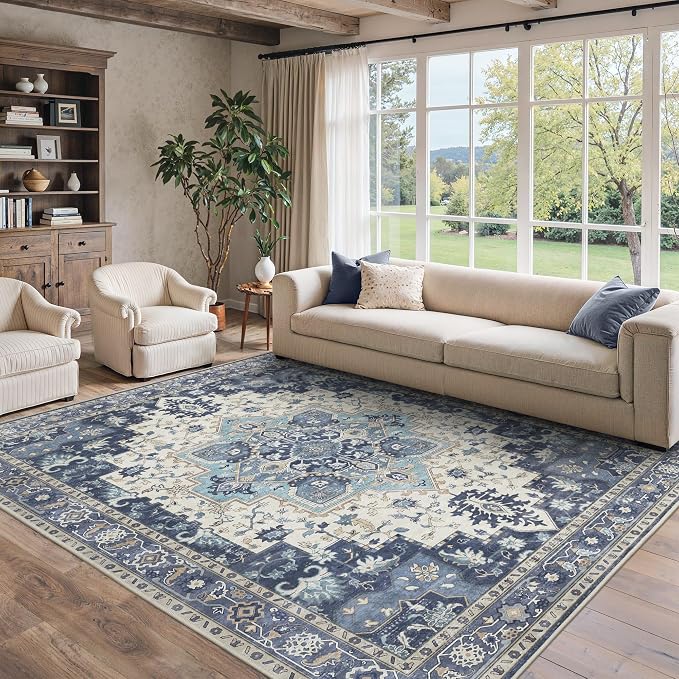 8x10 Area Rugs for Living Room, Machine Washable Non Slip Vintage Rugs by BESBLEE
