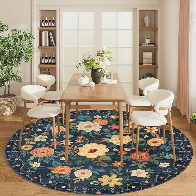 DUKINO Floral Round Rug, 6ft Washable Circle Rug, Non Slip Indoor Low Pile - Image 3