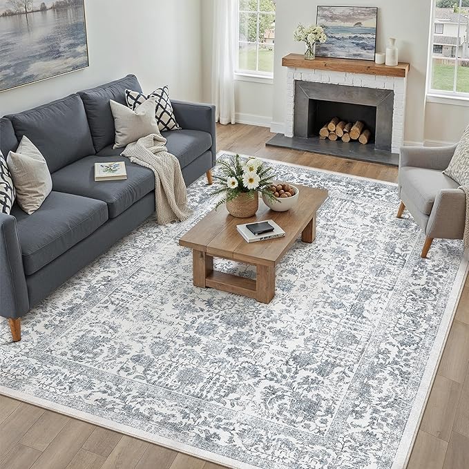 Navy Blue Area Rug 8x10 Machine Washable Large Vintage Living Room Distressed by PureCozy