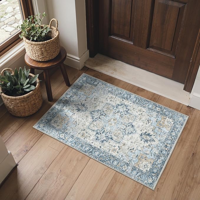 Area Rug 2x3 Doormat, Machine Washable Low Pile Vintage Rugs, Small Lightweight by BESBLEE