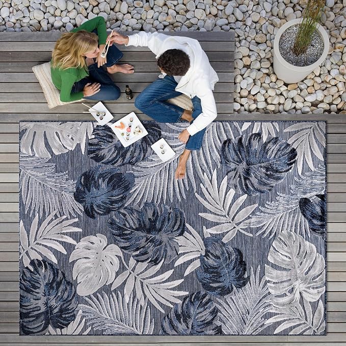 CAMILSON Indoor Outdoor Rug Navy Blue 4x6 Leaf Tropical Botanical Area Rugs by CAMILSONIndoorOutdoorAreaRugs