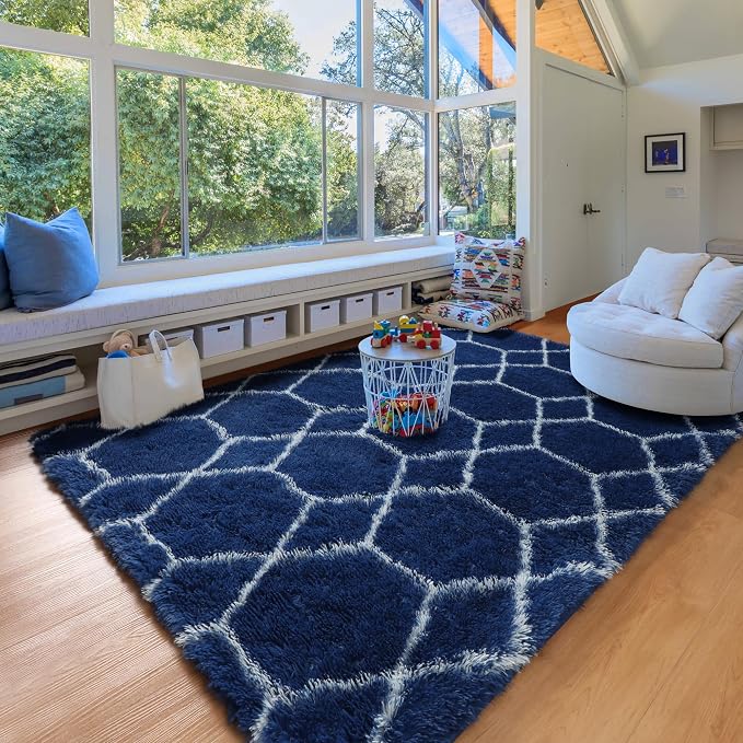ONASAR Large 8x10 Area Rugs for Living Room, Fluffy Geometric Navy and White - Image 9