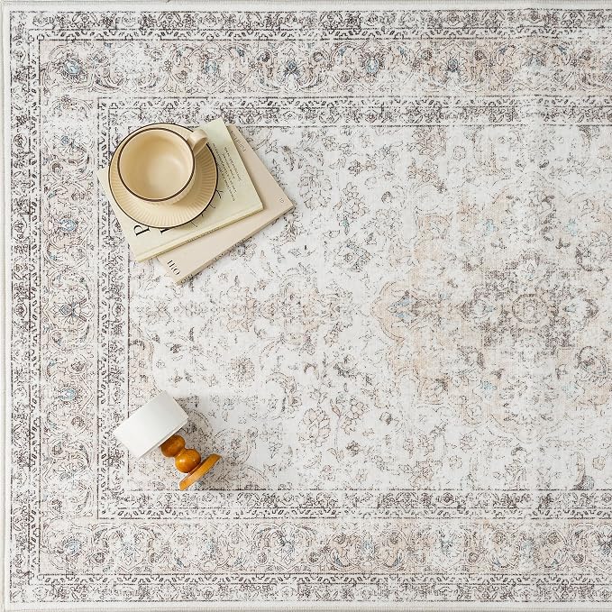 3x4 Washable Vintage Area Rug for Living Room Bedroom Beige Grey Soft - Image 6