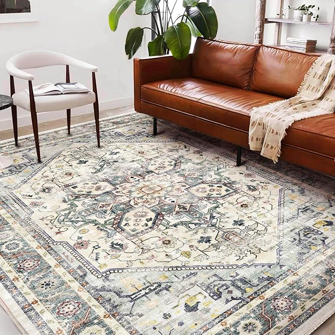 Washable Area Rug 10'x14' Cyan Khaki Retro Flowers Boho Design Non-Shedding - Image 2
