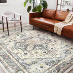 Washable Area Rug 10'x14' Cyan Khaki Retro Flowers Boho Design Non-Shedding - Image 2