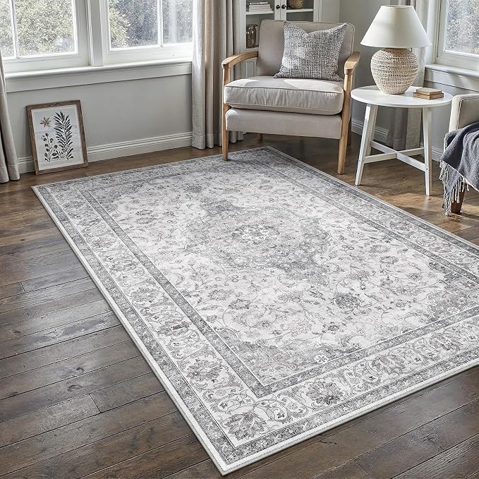 HUGEAR Area Rug 5x7 Vintage Grey Machine Washable Living Room Rugs Thin Neutral - Image 3