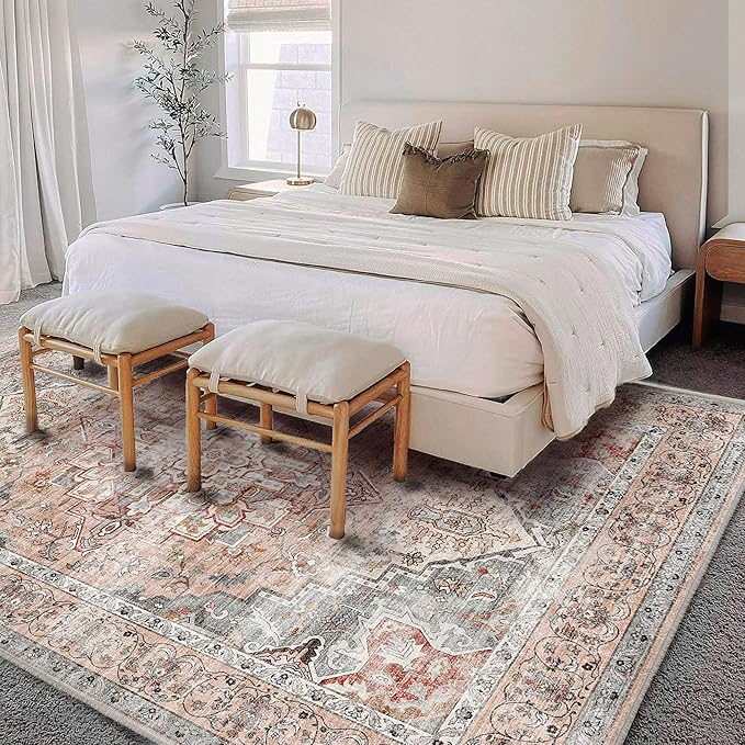 Washable Area Rug 8'x10' Light Cyan and Light red Retro Boho Design - Image 3