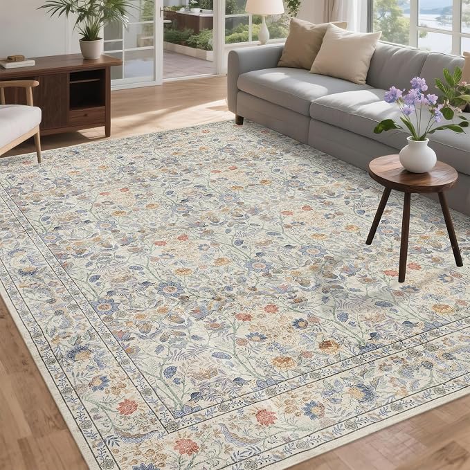 Washable Living Room Rug: 10x14 Boho Floral Soft Area Rug - Image 3