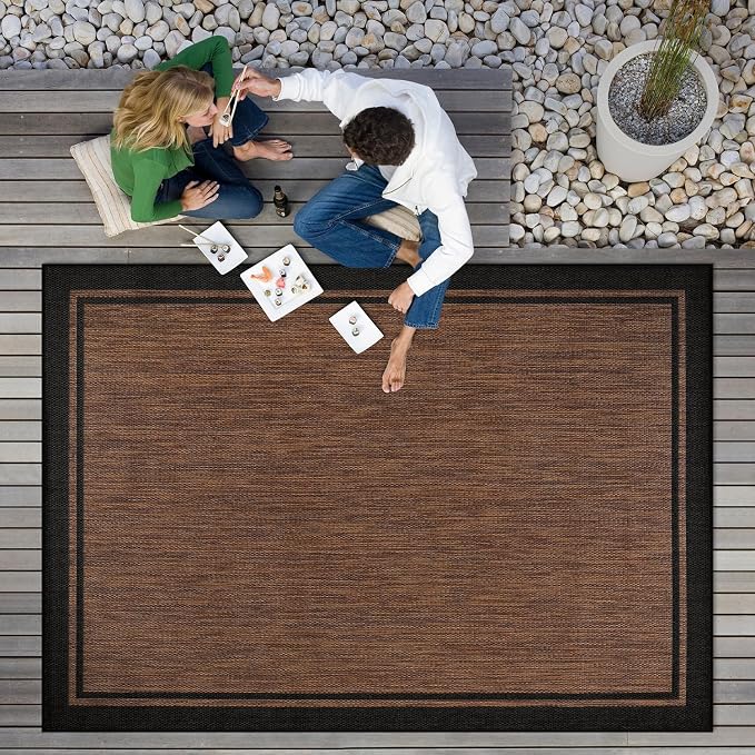 CAMILSON Indoor Outdoor Rug, 6x9 Bordered Nut Brown Black Modern Area Rugs - Image 9