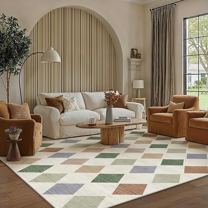 6x9 Checkered Area Rugs for Living Room Colorful Machine Washable Large Rug by PureCozy