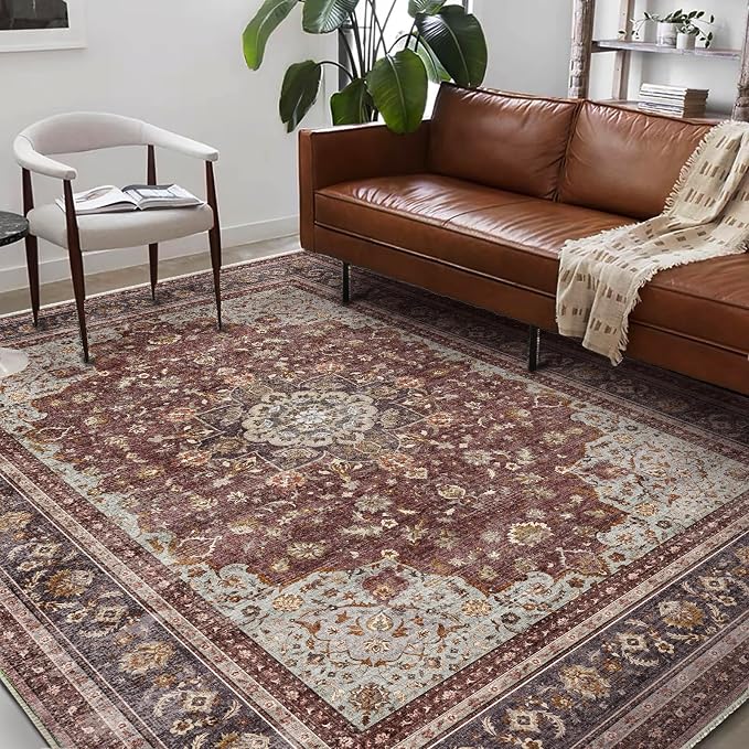 Washable Area Rug 9'x12' Retro Boho Design Non-Shedding Easy Care Ideal by CHAMPLANT