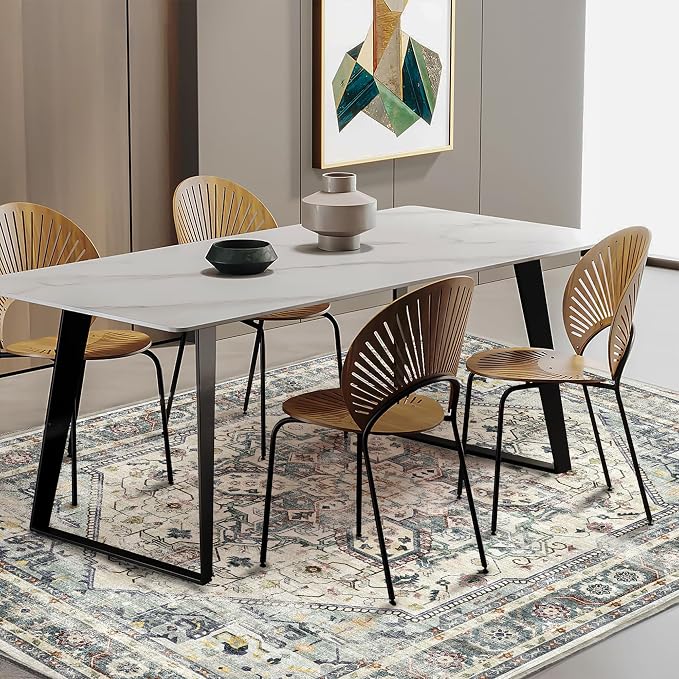 Area Rug 5'x7' Cyan Khaki Washable Vintage Traditional Floor Cover Thin Retro - Image 2