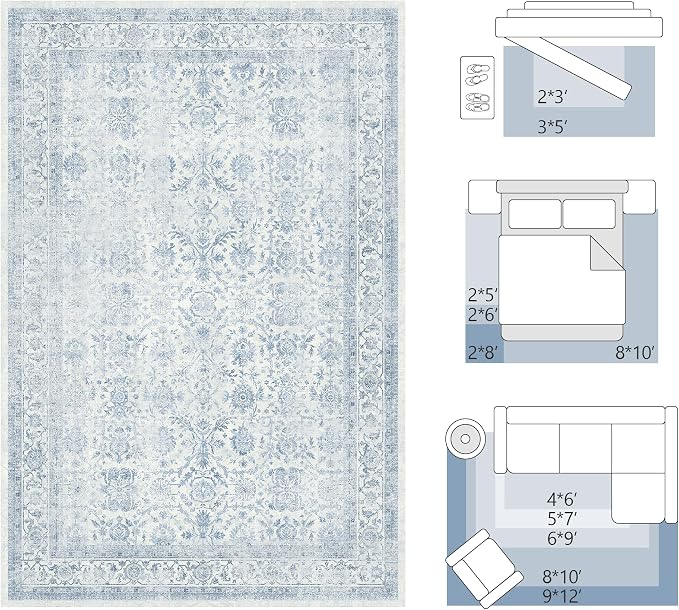FMFUNCTEX 4x6 Washable Area Rug Blue Neutral Vintage Non Slip Low Pile - Image 2