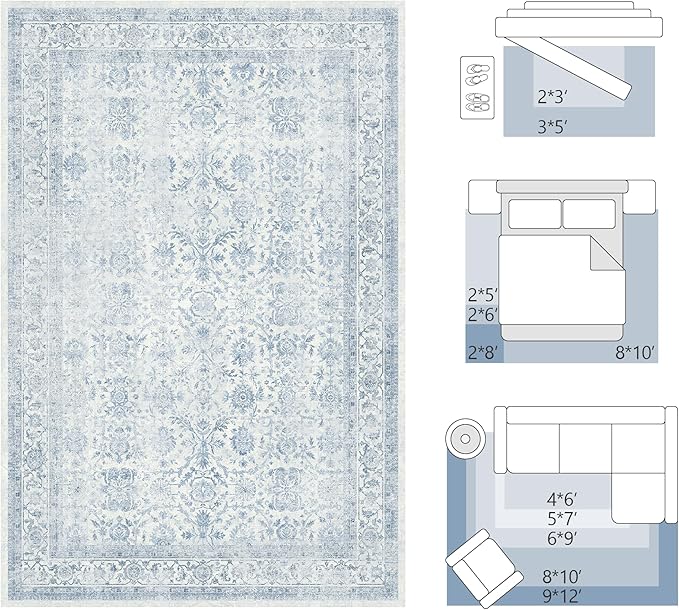 FMFUNCTEX 8x10 Washable Area Rug Blue Vintage Neutral Distressed Large Non Slip - Image 2