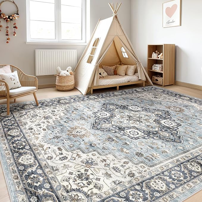 9x12 Area Rug Living Room: Washable Boho Large Neutral Vintage Soft Rugs Stain - Image 5
