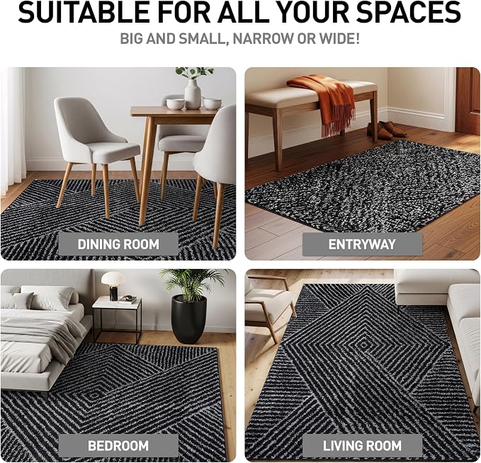 Rugshop Geometric Diamond Stripe Shag Area Rug Anthracite Dark Gray 4' x 6' - Image 3