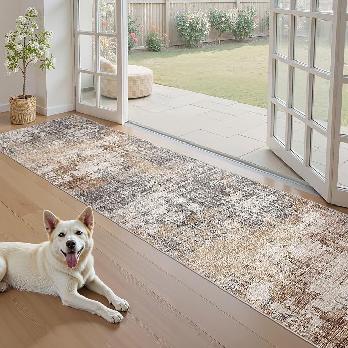 Washable Runner Rug for Hallway: 2.6x10 Neutral Modern Abstract Low Pile Area - Image 5