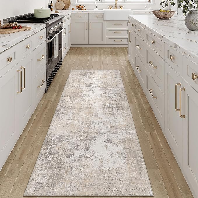 2'6x8 Washable Runner Rug Beige Grey Abstract Hallway Kitchen Throw Rug Neutral - Image 3