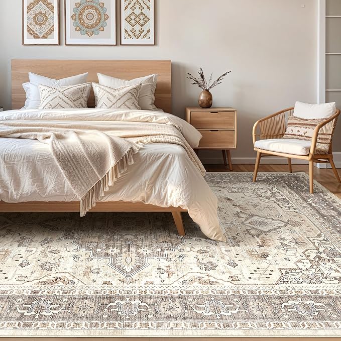 10x12 Area Rug Living Room: Washable Boho Large Neutral Vintage Soft Rugs Stain - Image 4