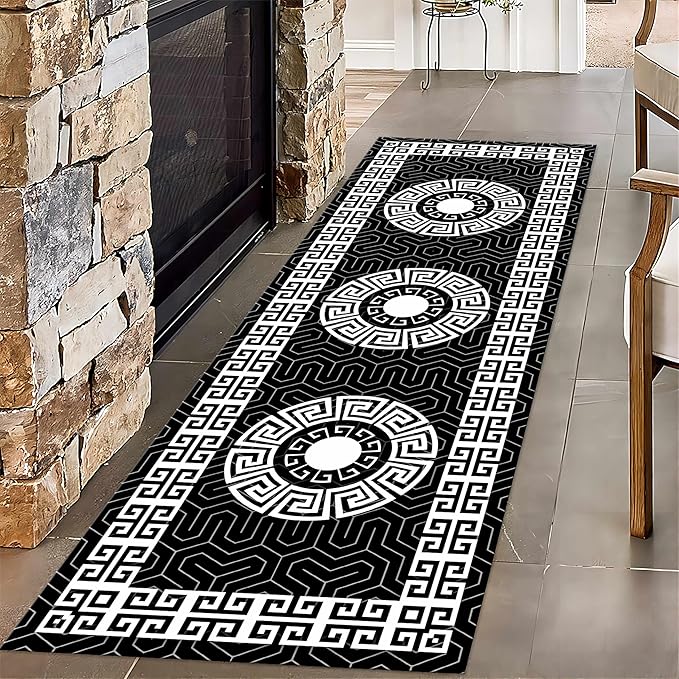 Modern Black White Geometric Kitchen Rug, Greek Key Meander Design Entrance Rugs by Unknown