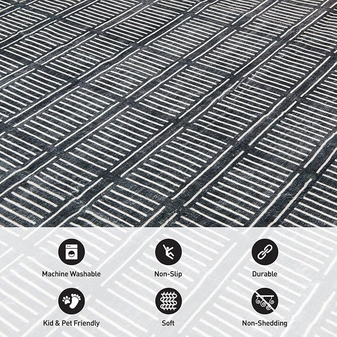 Rugshop Bohemian Stripe Lines Washable Non Slip Area Rug 3' x 5' Black - Image 5