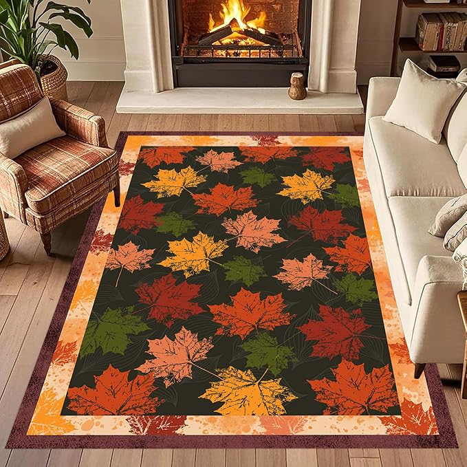 Fall Themed Area Carpet, Autumn Fallen Leaves Print Pattern Retro Rustic Style by LHOMKCV