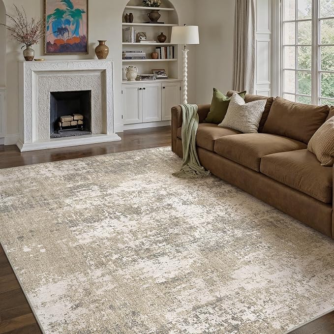 Beige Area Rug 6x9 Machine Washable Modern Abstract Living Room Carpet Non Slip by PureCozy