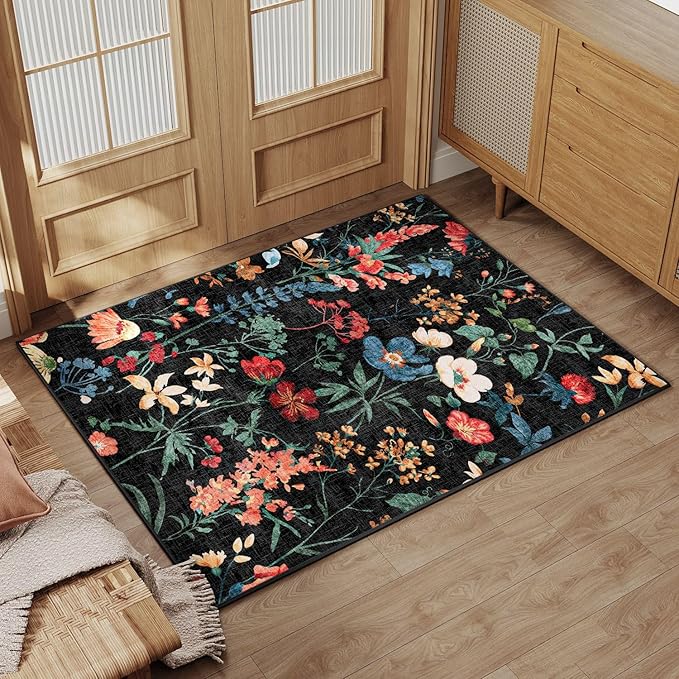 Black Area Rug 2x3 Entryway Floral Boho Door Mat Indoor Washable Kitchen Carpet by PureCozy