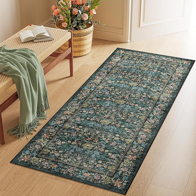 DUKINO 2x5 Washable Runner Rug, Floral Non Slip Bathroom Rugs by DUKINO