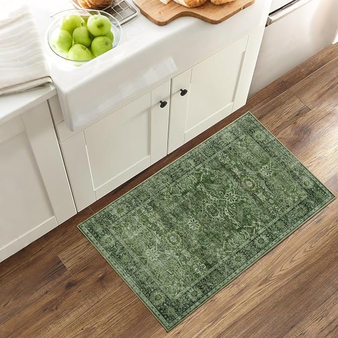 2x3 Entryway Rug Green Washable Vintage Rugs - Image 2