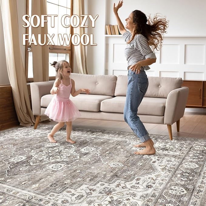 8x10 Area Rugs Living Room: Washable Boho Large Neutral Vintage Soft Rug Stain - Image 3